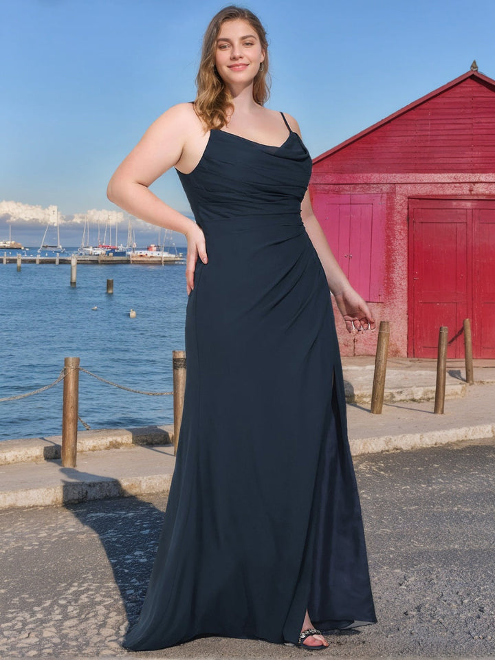 Mermaid/Trumpet Spaghetti Straps Cowl Neck Sleeveless Chiffon Plus Size Bridesmaid Dresses with Ruffles