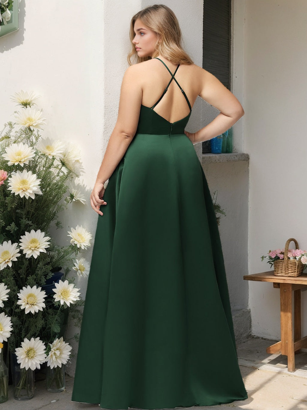 A-Line/Princess High Neck Sleeveless Floor-Length Satin Plus Size Bridesmaid Dresses with Split Side