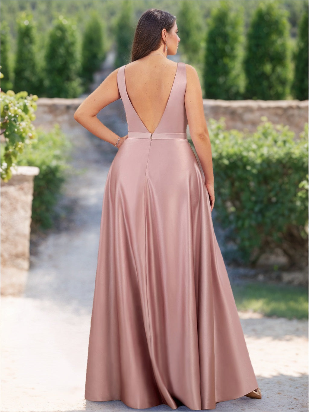 A-Line/Princess V-Neck Sleeveless Floor-Length Satin Plus Size Bridesmaid Dresses