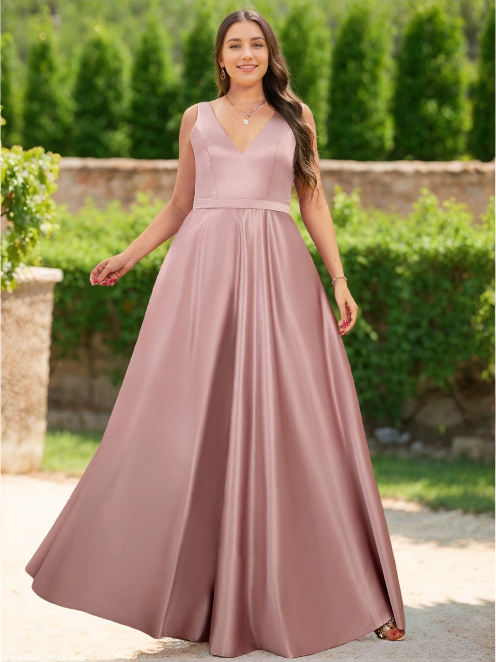 A-Line/Princess V-Neck Sleeveless Floor-Length Satin Plus Size Bridesmaid Dresses