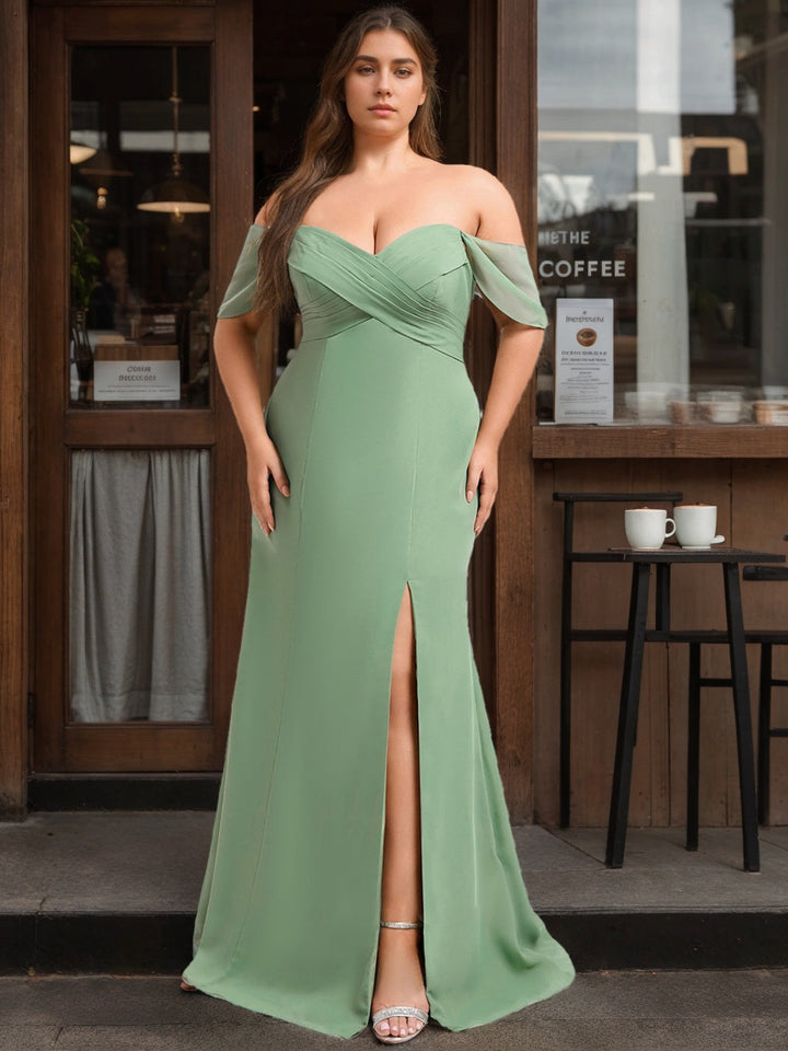 Mermaid/Trumpet Off the Shoulder V-Neck Floor-Length Plus Size Bridesmaid Dresses with Split Side