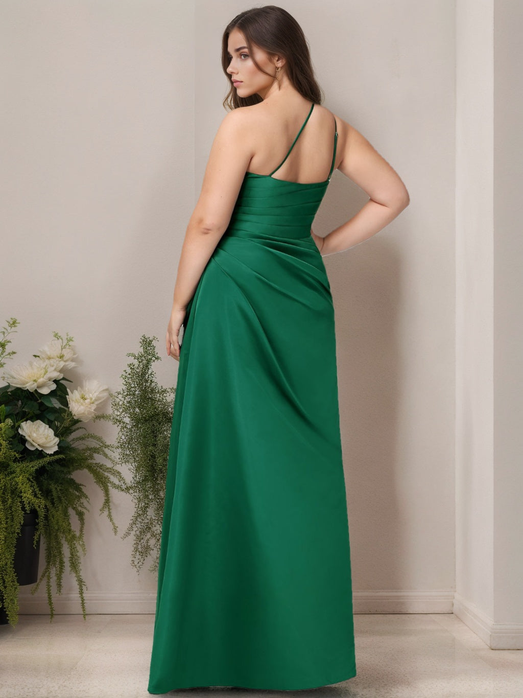 A-Line/Princess One-Shoulder Sleeveless Floor-Length Stretch Satin Plus Size Bridesmaid Dress With Ruffles & Split Side