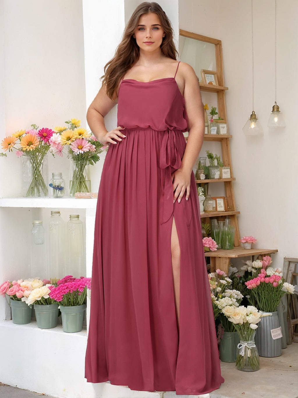 A-Line/Princess Spaghetti Straps Sleeveless Floor-Length Unique Plus Size Bridesmaid Dresses with Split Side