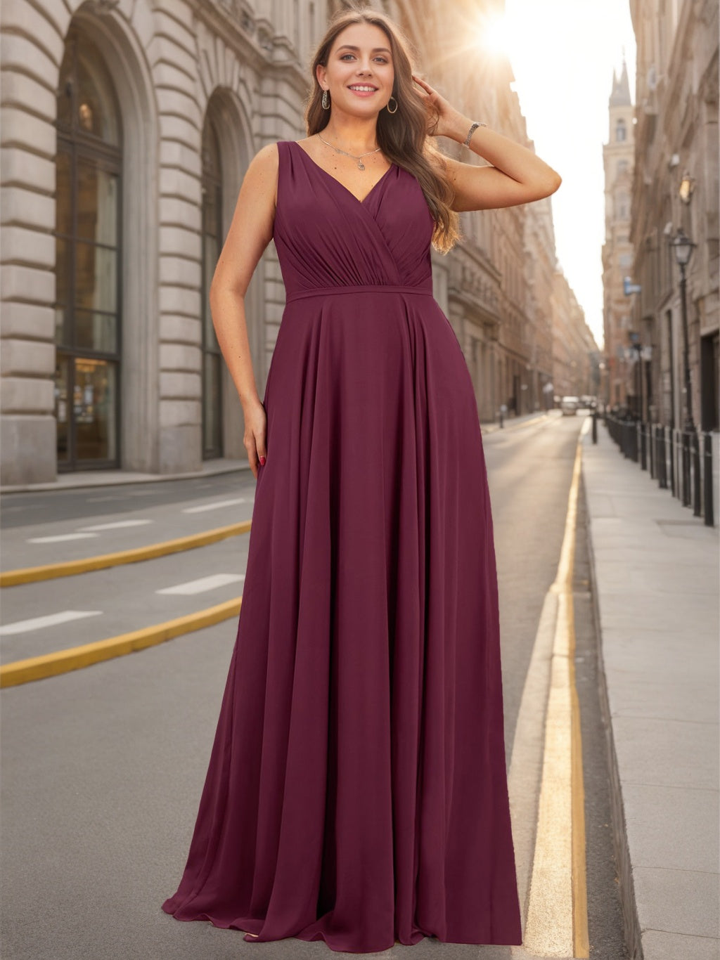 A-Line/Princess V-Neck Sleeveless Floor-Length Chiffon Unique Plus Size Bridesmaid Dresses with Ruffles