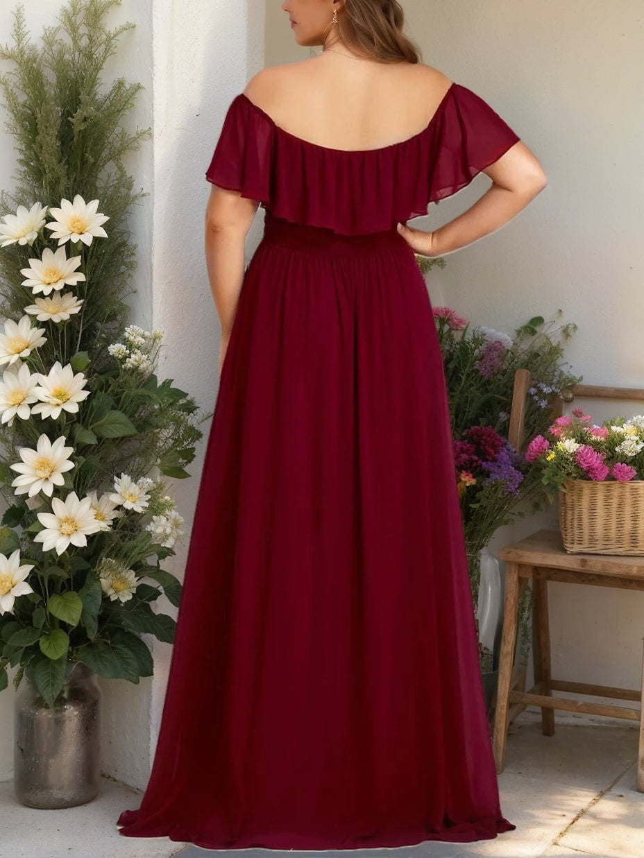 A-Line/Princess Off-the-Shoulder Asymmetrical Plus Size Bridesmaid Dresses with Ruffles