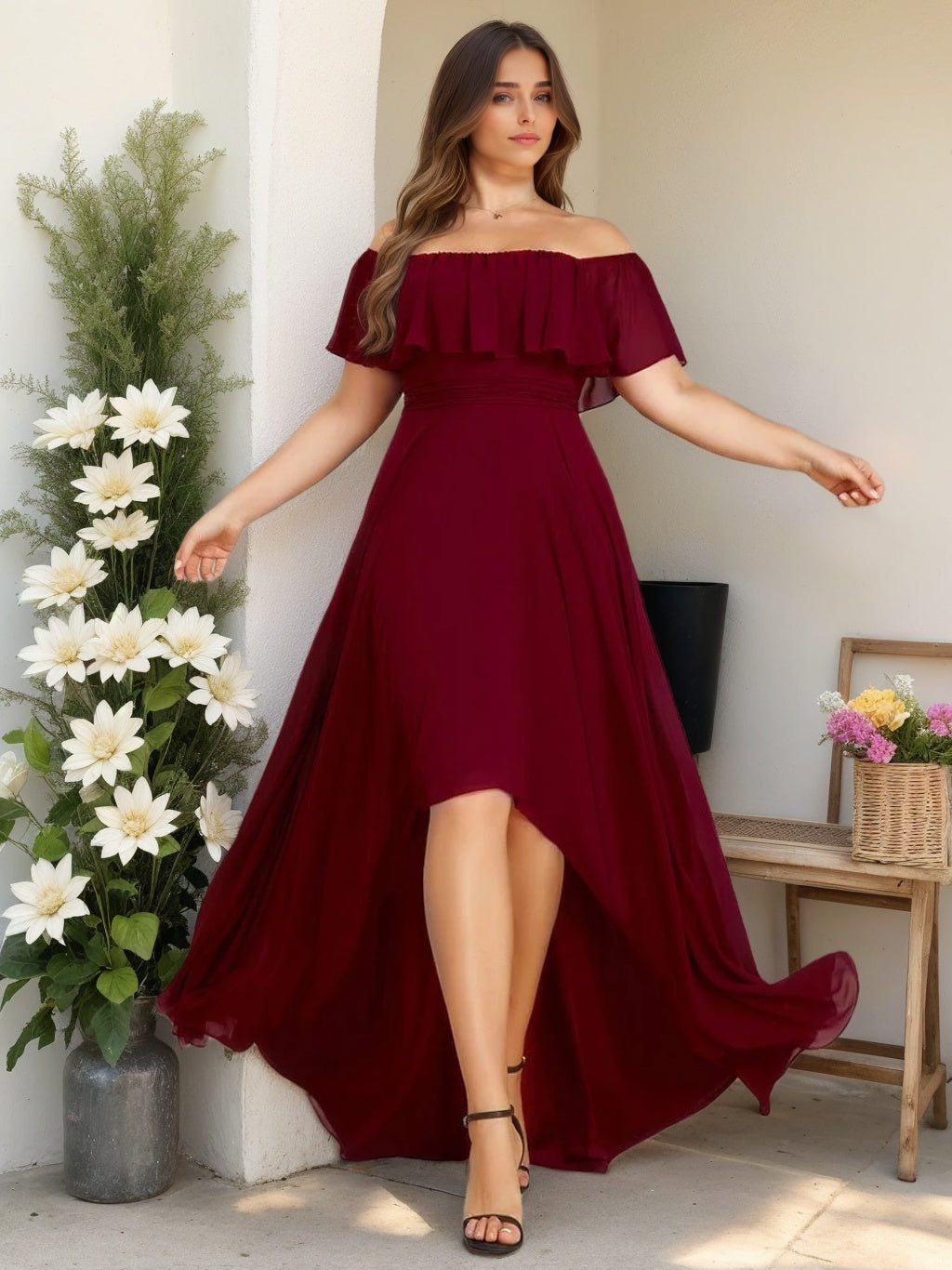 A-Line/Princess Off-the-Shoulder Asymmetrical Plus Size Bridesmaid Dresses with Ruffles