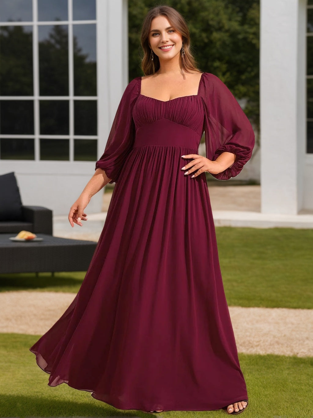 A-Line/Princess V-Neck 3/4 Length Sleeves Floor-Length Plus Size Bridesmaid Dresses With Ruffles