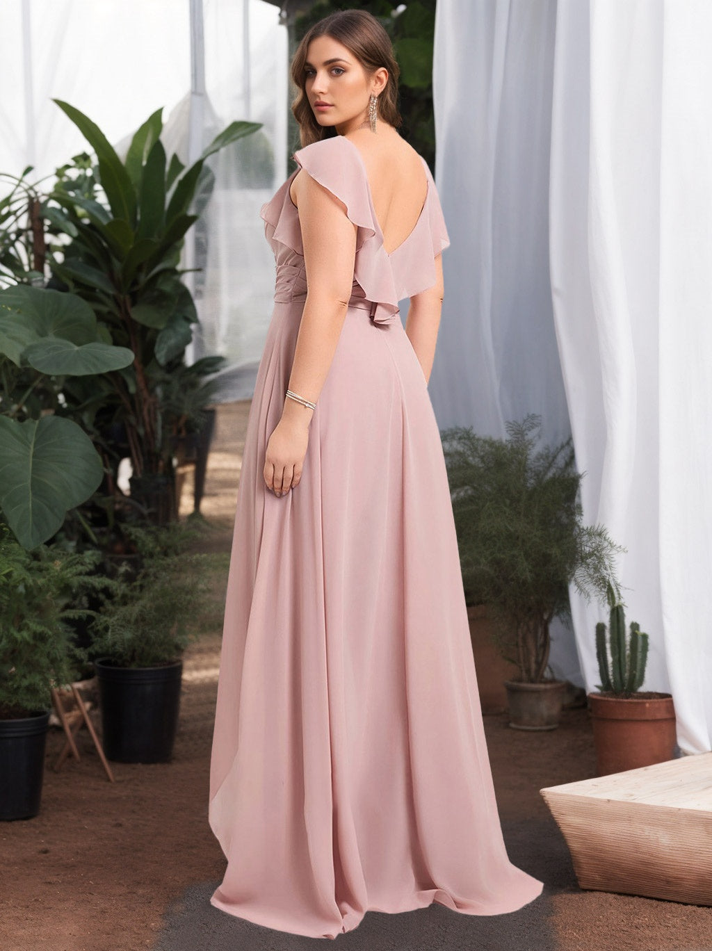 Pantsuit/Jumpsuit V-Neck Sleeveless Floor-Length Chiffon Plus Size Bridesmaid Dresses with Ruffles