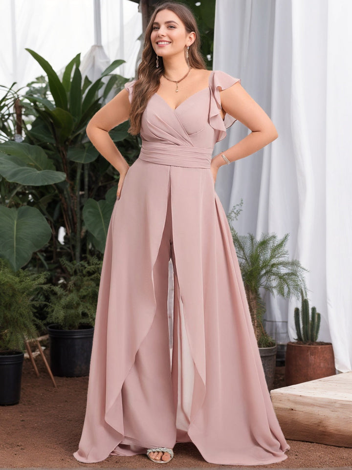 Pantsuit/Jumpsuit V-Neck Sleeveless Floor-Length Chiffon Plus Size Bridesmaid Dresses with Ruffles