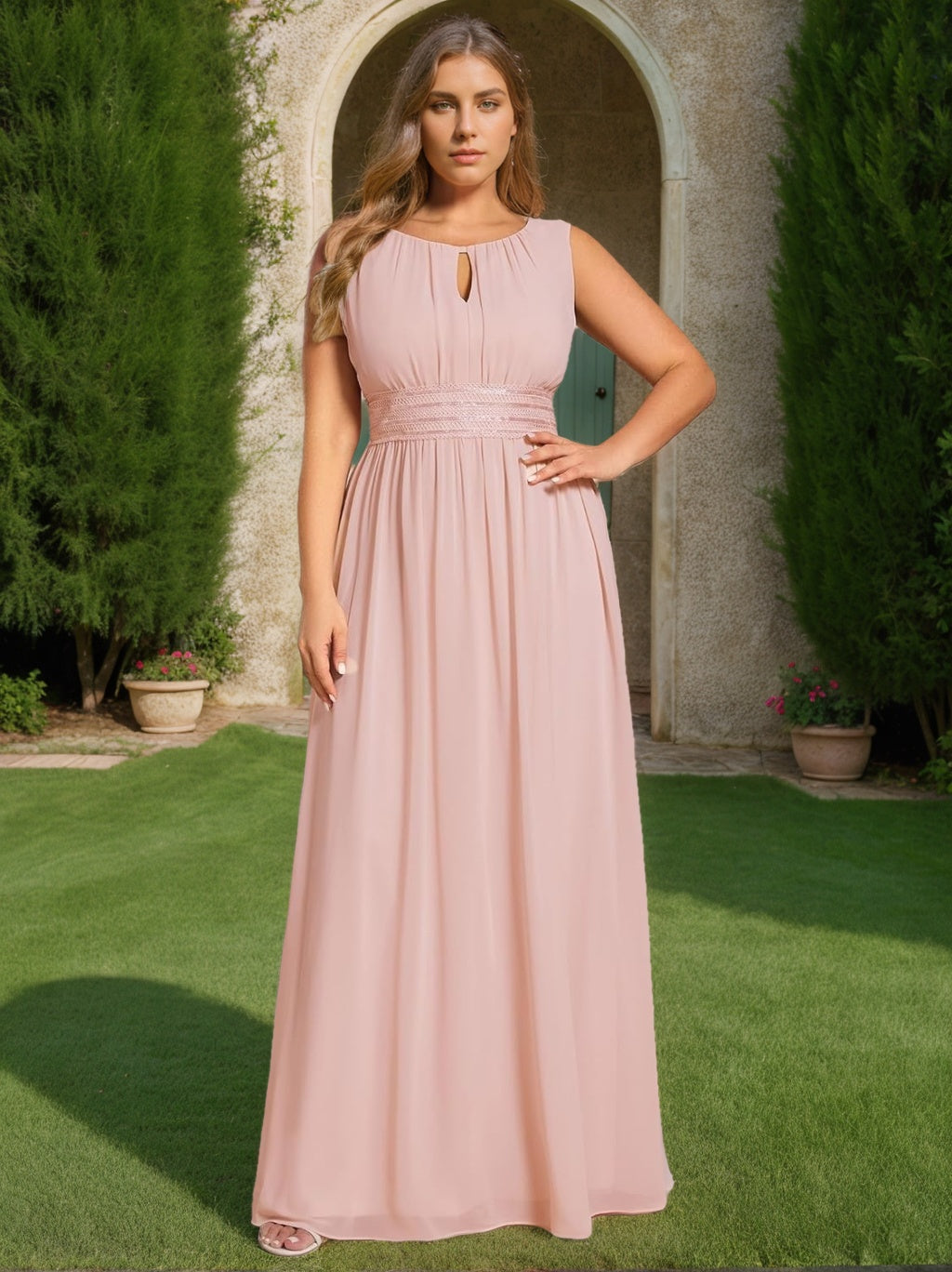 A-Line/Princess Scoop Sleeveless Floor-Length Plus Size Bridesmaid Dress