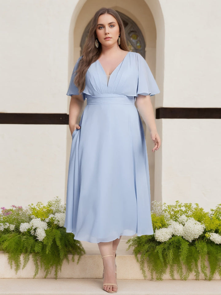 A-Line/Princess V-Neck Short Sleeves Tea-Length Plus Size Bridesmaid Dresses with Ruffles