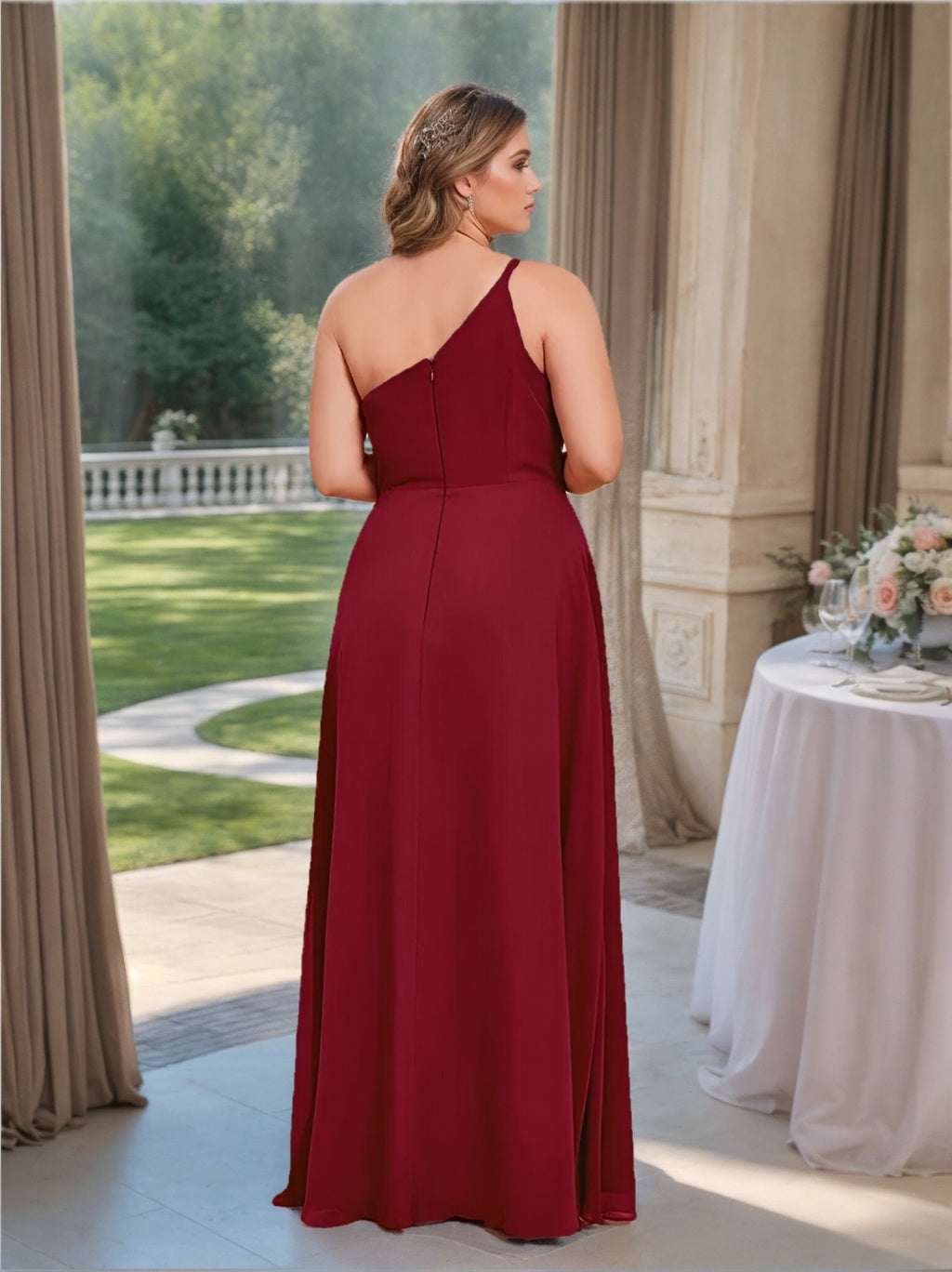 A-Line/Princess One-Shoulder Sleeveless Floor-Length Chiffon Plus Size Bridesmaid Dress With Split Side