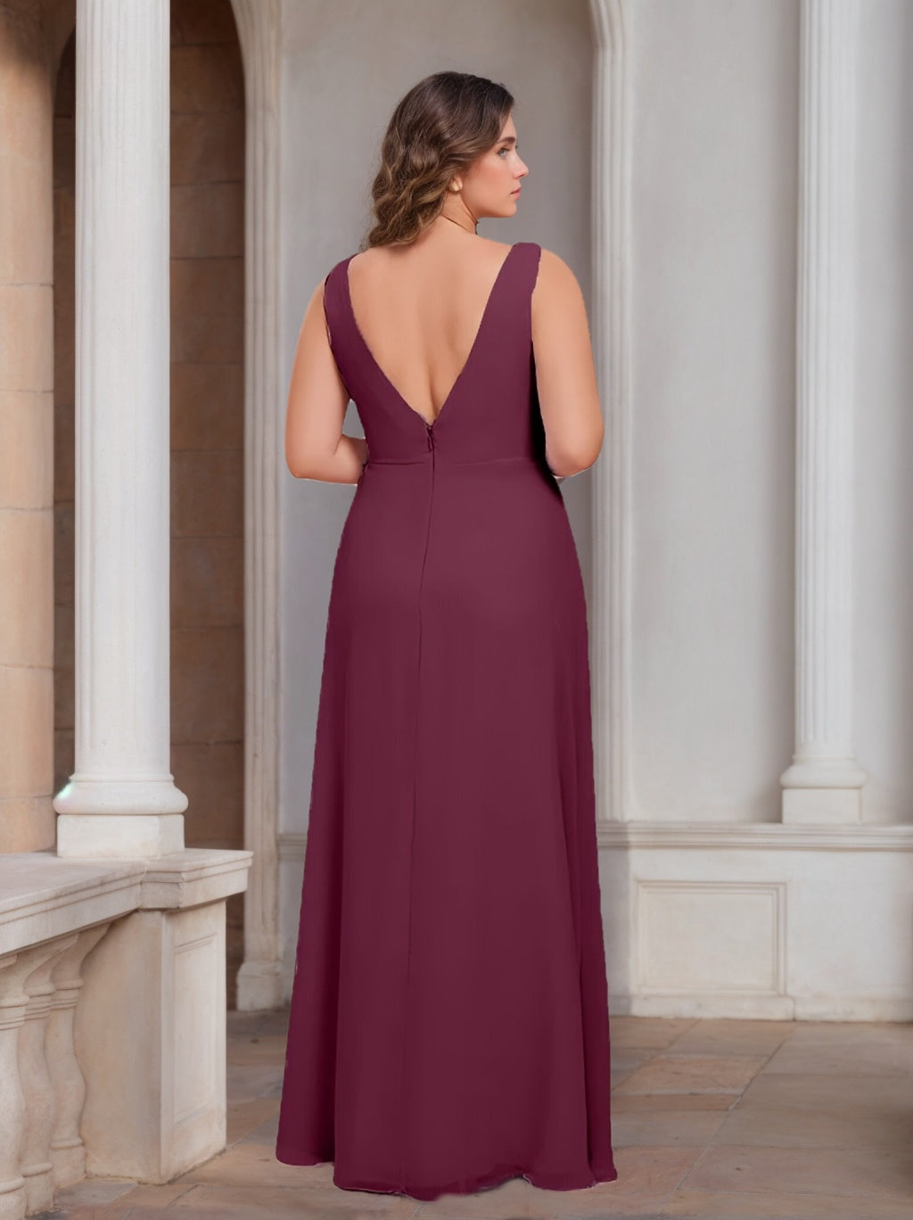 A-Line/Princess V-Neck Sleeveless Chiffon Plus Size Bridesmaid Dresses with Ruffles & Split Side