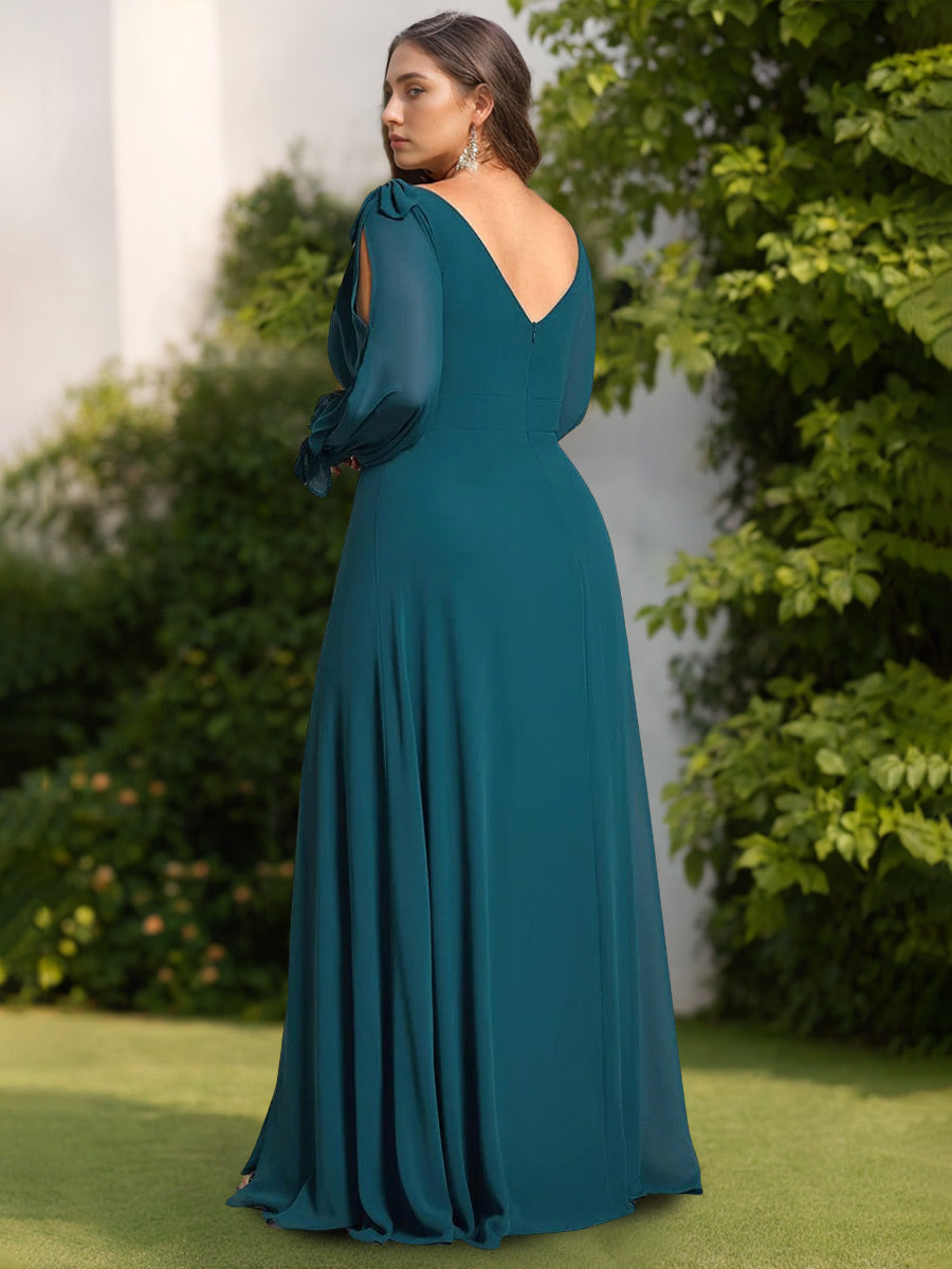 A-Line/Princess Deep V-Neck Long Sleeves Floor-Length Plus Size Bridesmaid Dresses with Split Side