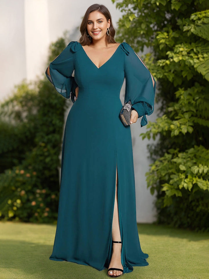 A-Line/Princess Deep V-Neck Long Sleeves Floor-Length Plus Size Bridesmaid Dresses with Split Side