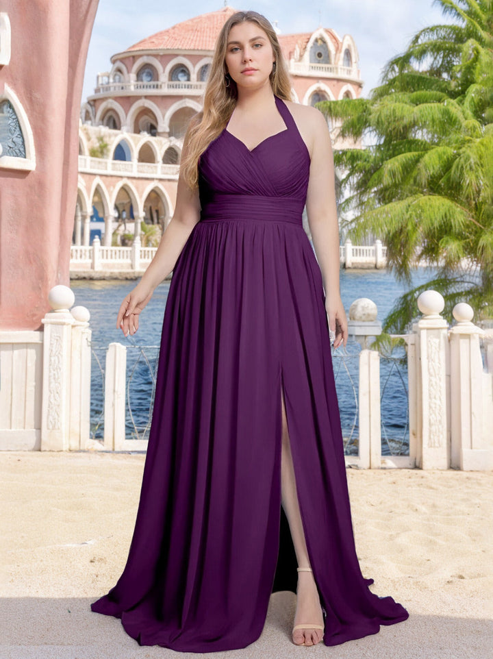 A-Line/Princess Halter V-Neck Sleeveless Floor-Length Plus Size Bridesmaid Dresses with Split Side & Ruffles