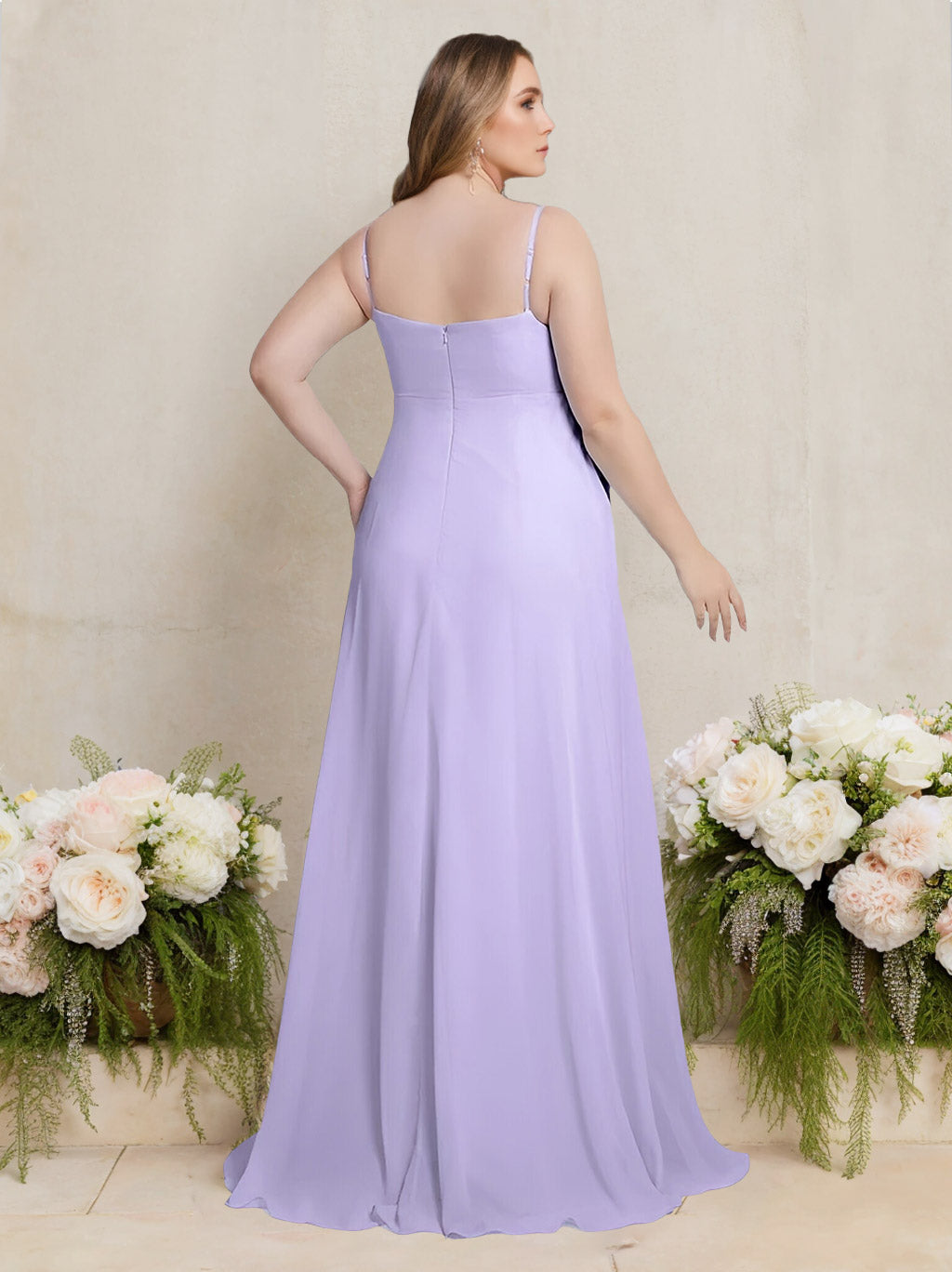 A-Line/Princess Deep V-Neck Spaghetti Straps Sleeveless Floor-Length Plus Size Bridesmaid Dresses with Ruffles