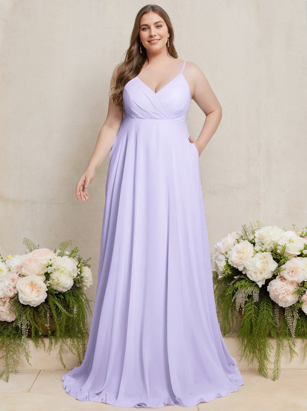 A-Line/Princess Deep V-Neck Spaghetti Straps Sleeveless Floor-Length Plus Size Bridesmaid Dresses with Ruffles