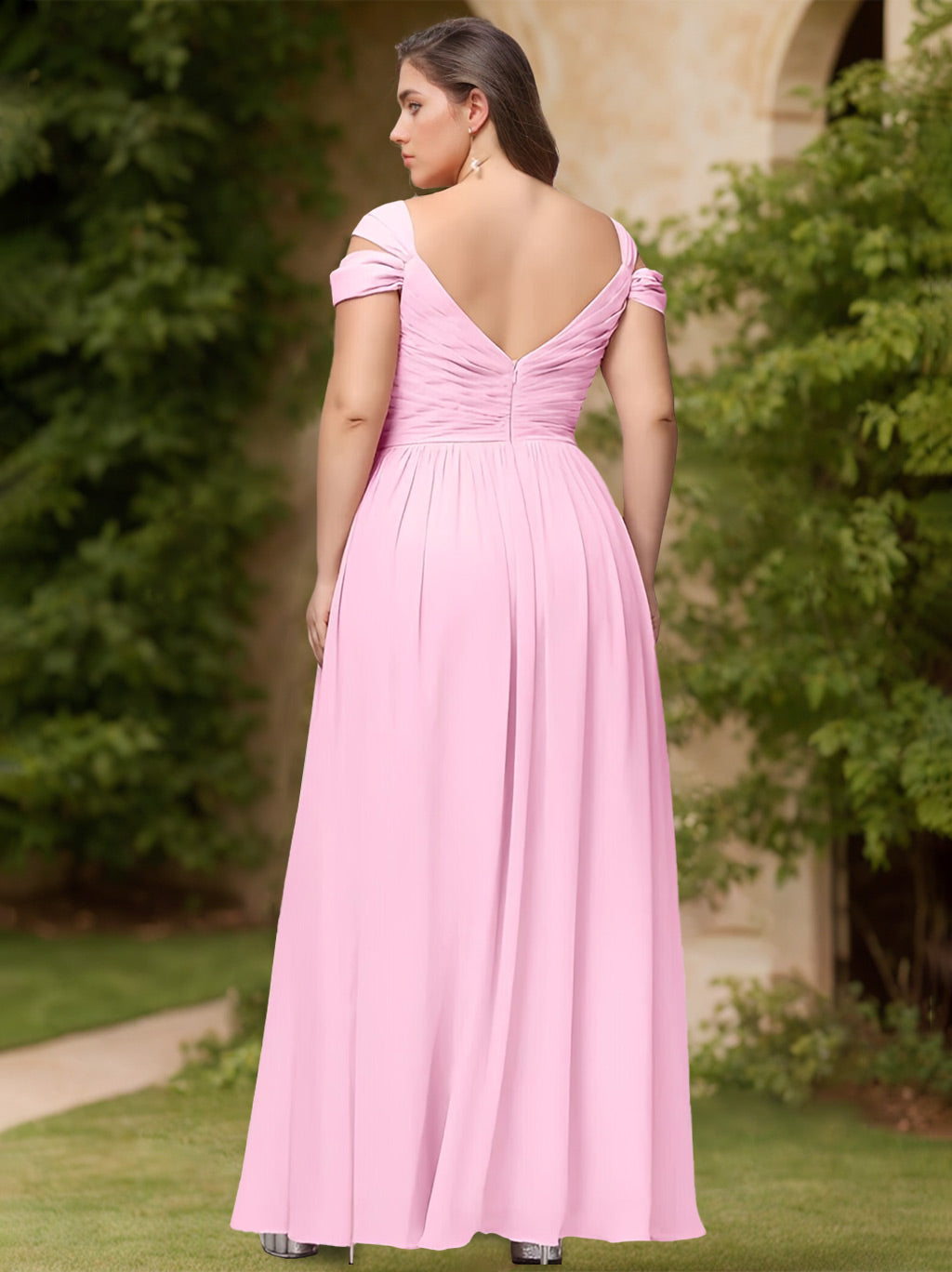 A-Line/Princess Deep V-Neck Floor-Length Plus Size Bridesmaid Dresses with Ruffles