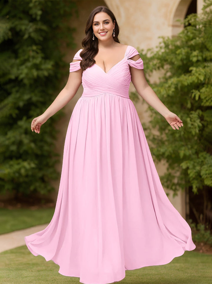 A-Line/Princess Deep V-Neck Floor-Length Plus Size Bridesmaid Dresses with Ruffles