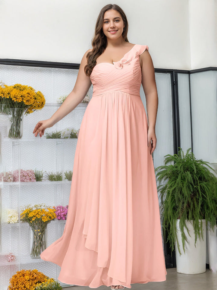 A-Line/Princess One-Shoulder Sleeveless Floor-Length Unique Plus Size Bridesmaid Dress With Ruffles