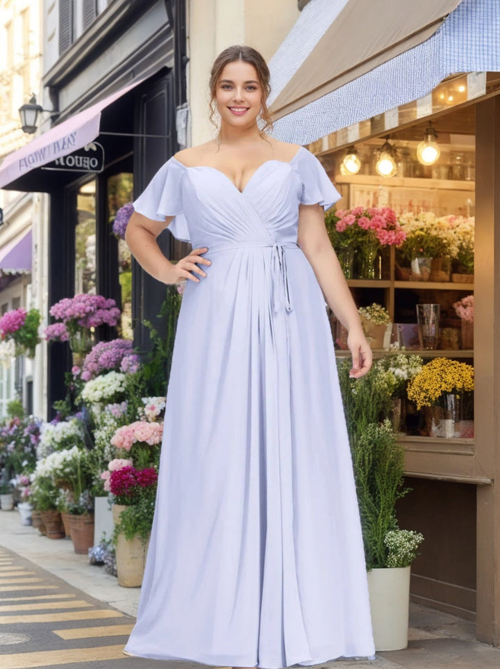 A-Line/Princess Sweetheart Short Sleeves Floor-Length Plus Size Bridesmaid Dresses with Ruffles