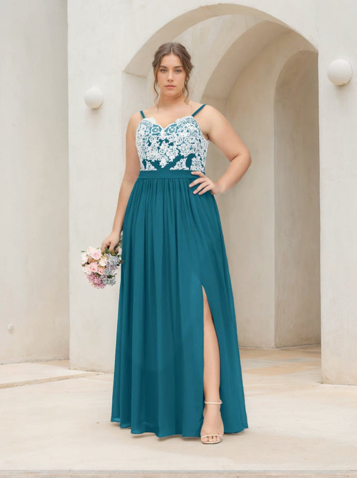 A-Line/Princess Spaghetti Straps V-Neck Sleeveless Floor-Length Plus Size Bridesmaid Dresses with Split Side & Appliques