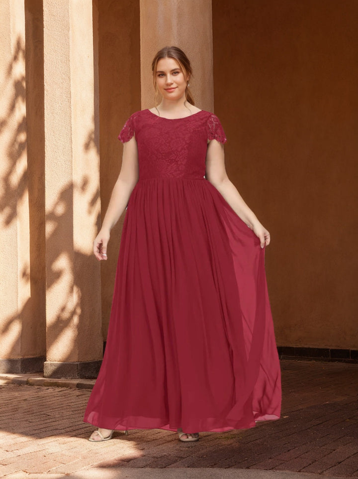 A-Line/Princess Scoop Neck Short Sleeves Floor-Length Plus Size Bridesmaid Dress With Embroidery