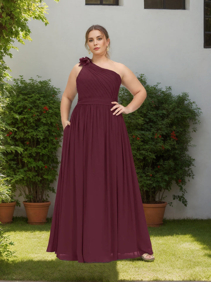 A-Line/Princess One-Shoulder Sleeveless Floor-Length Chiffon Plus Size Bridesmaid Dress With Ruffles