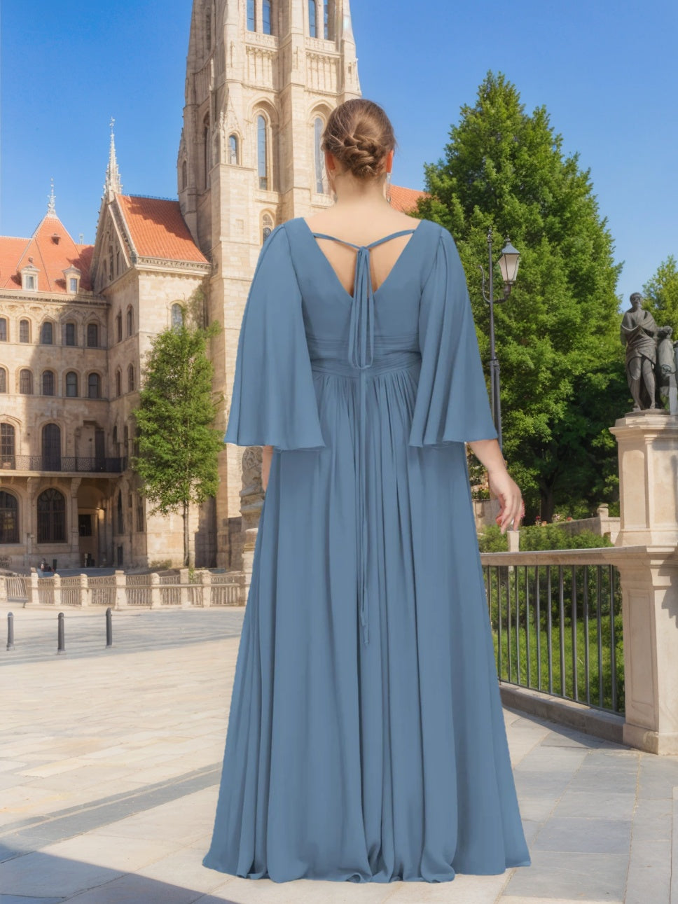 A-Line/Princess Deep V-Neck Long Sleeves Floor-Length Unique Plus Size Bridesmaid Dresses with Split Side & Ruffles