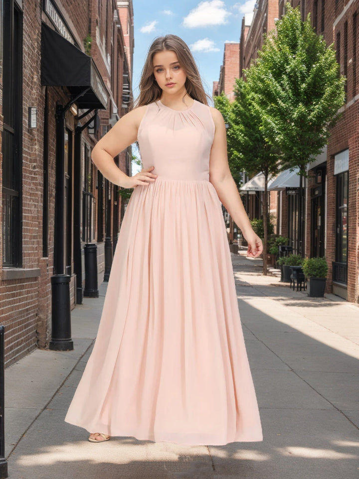 A-Line/Princess Scoop Sleeveless Floor-Length Chiffon Plus Size Bridesmaid Dress