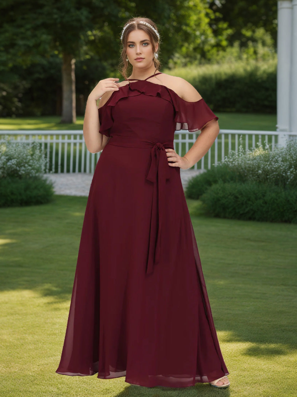 A Line/Princess Short Sleeves Floor-Length Plus Size Bridesmaid Dresses with Bowknot