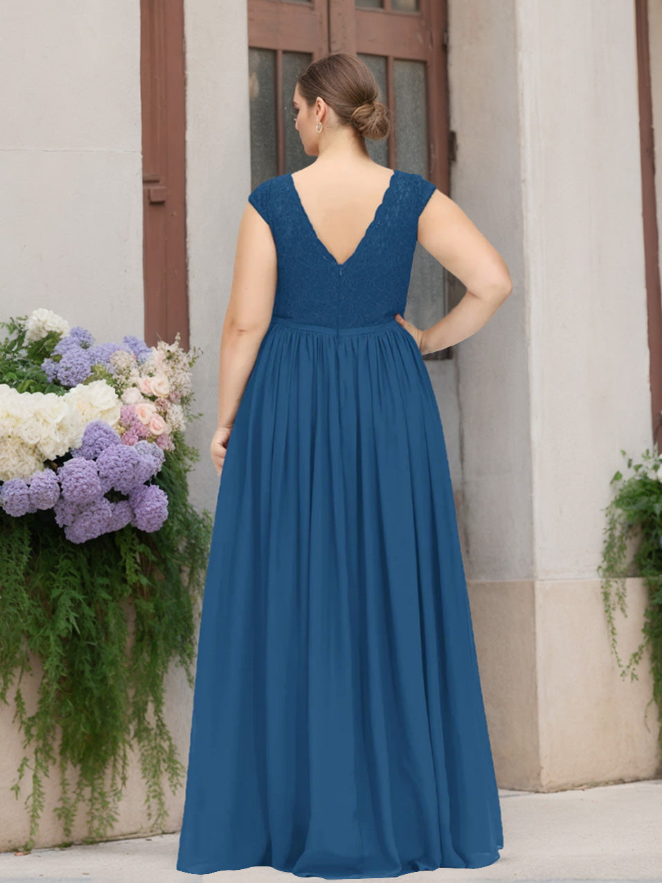 A-Line/Princess V-Neck Short Sleeves Floor-Length Plus Size Bridesmaid Dresses with Embroidery