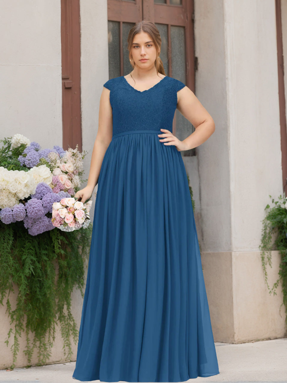 A-Line/Princess V-Neck Short Sleeves Floor-Length Plus Size Bridesmaid Dresses with Embroidery