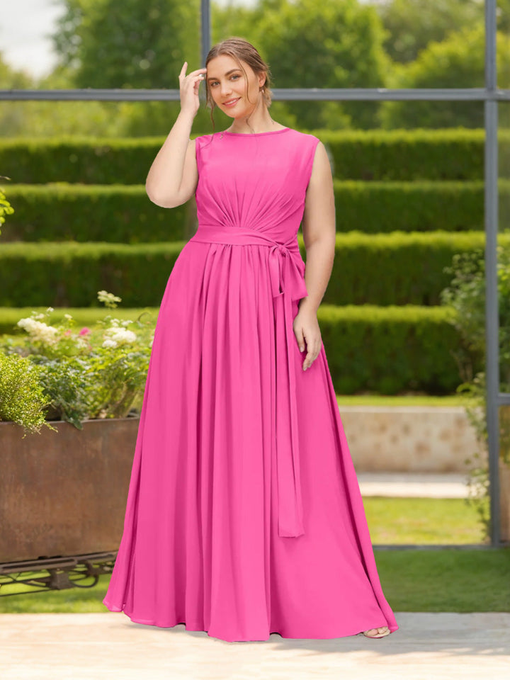 A-Line/Princess Scoop Neck Sleeveless Floor-Length Chiffon Plus Size Bridesmaid Dress with Ruffles & Bowknot