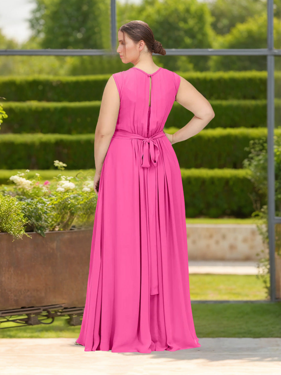 A-Line/Princess Scoop Neck Sleeveless Floor-Length Chiffon Plus Size Bridesmaid Dress with Ruffles & Bowknot