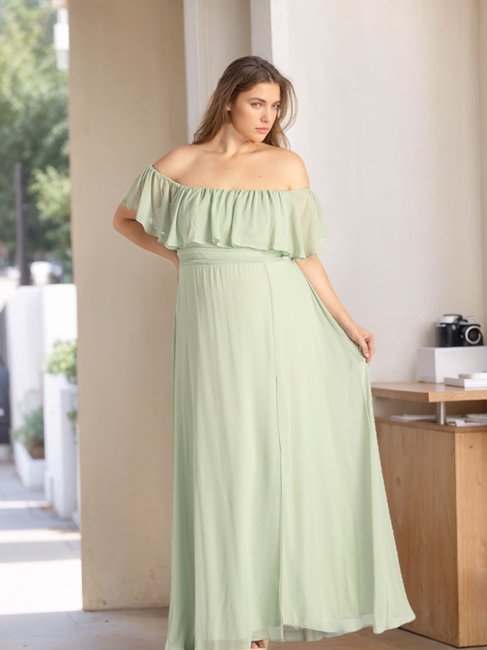 A-Line/Princess Off-the-Shoulder Floor-Length Plus Size Chiffon Bridesmaid Dresses with Ruffles