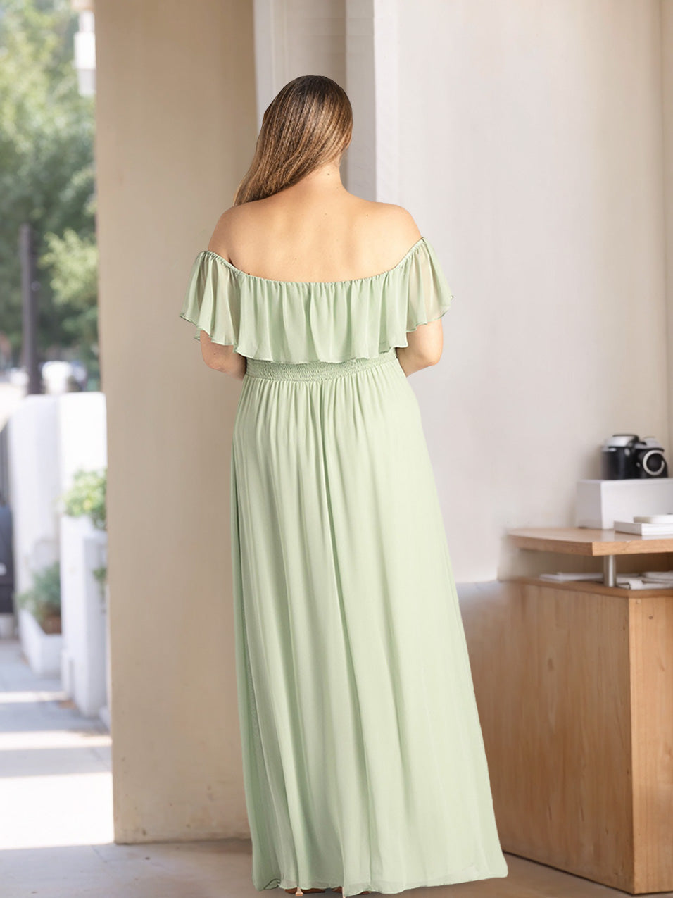 A-Line/Princess Off-the-Shoulder Floor-Length Plus Size Chiffon Bridesmaid Dresses with Ruffles