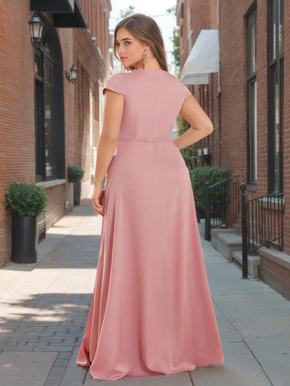 A-Line/Princess Sweetheart Neck Short Sleeves Floor-Length Plus Size Bridesmaid Dresses with Split Side