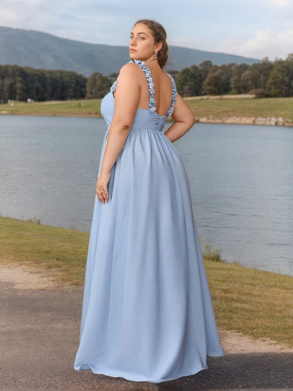 A-Line/Princess V-Neck Sleeveless Floor-Length Plus Size Bridesmaid Dresses with Ruffles & 3D Flower