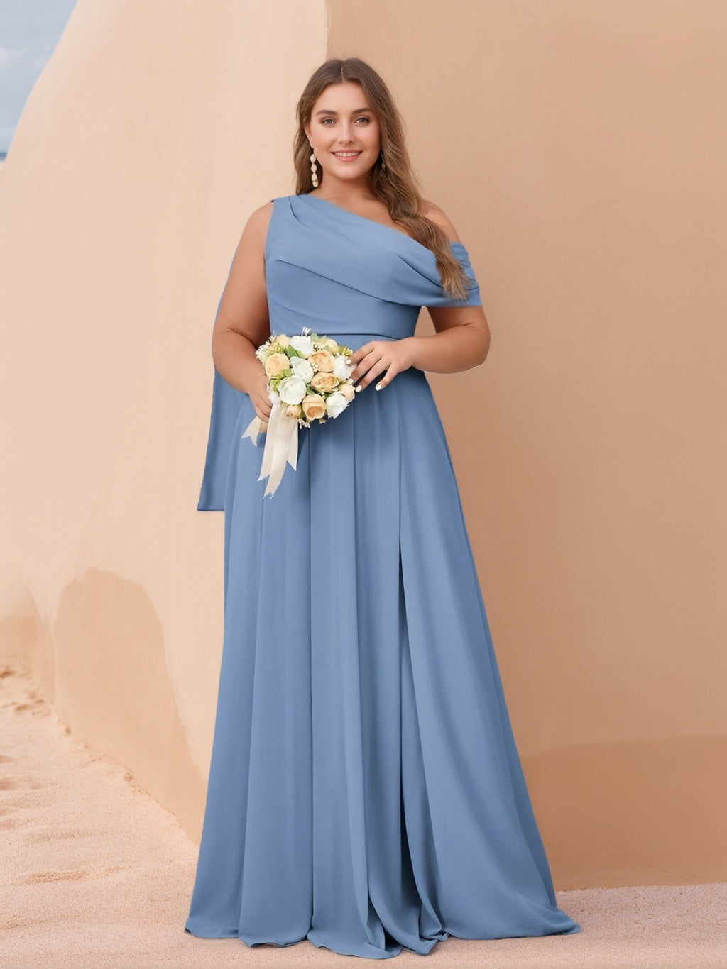 A-Line/Princess One-Shoulder Floor-Length Plus Size Bridesmaid Dresses with Ruffles