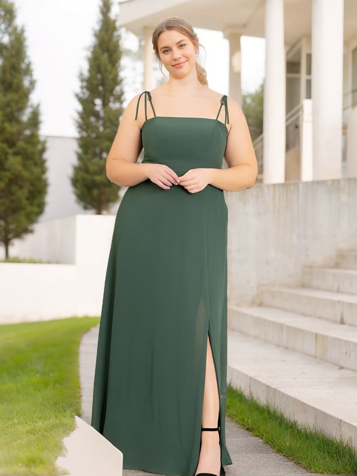 A Line/Princess Spaghetti Straps Sleeveless Floor-Length Unique Plus Size Bridesmaid Dresses with Split Side