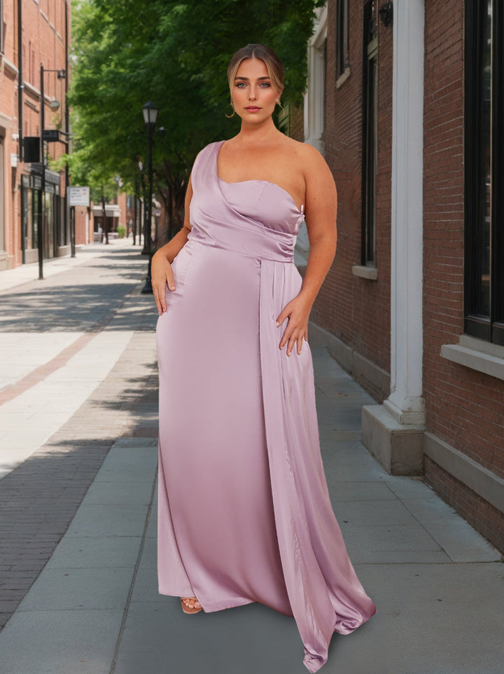 A-Line/Princess One-Shoulder Sleeveless Floor-Length Satin Plus Size Bridesmaid Dress With Watteau Train