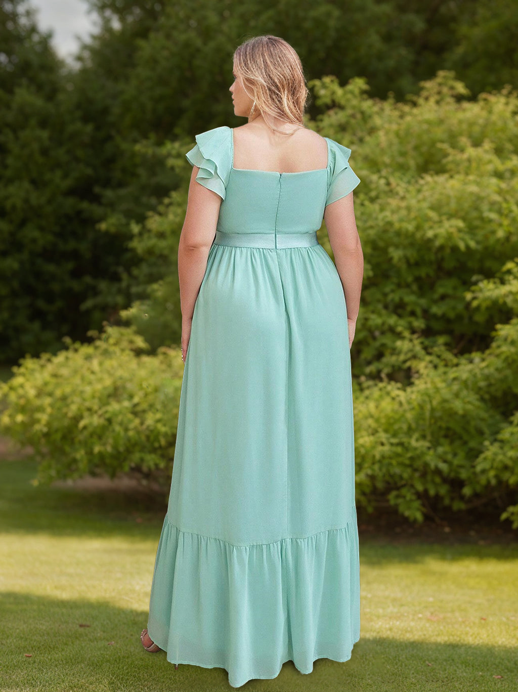 A-Line/Princess Sweetheart Neck Short Sleeves Floor-Length Plus Size Bridesmaid Dresses with Split Side & Ruffles