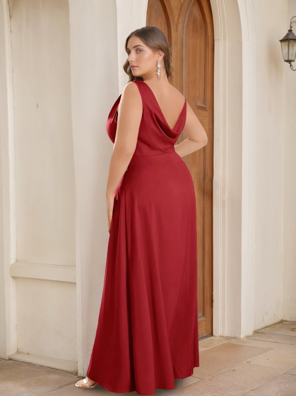 A Line/Princess Spaghetti Straps Sleeveless Floor-Length Plus Size Bridesmaid Dresses with Split Side