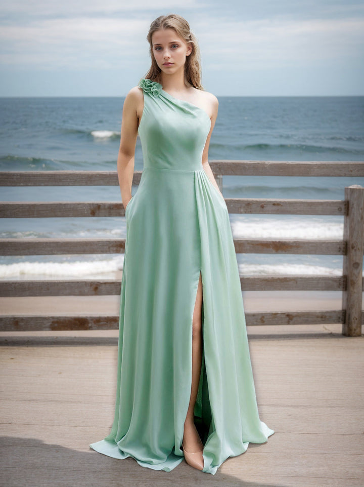 A-Line/Princess One-Shoulder Sleeveless Floor-Length Floral Bridesmaid Dresses with Split Side