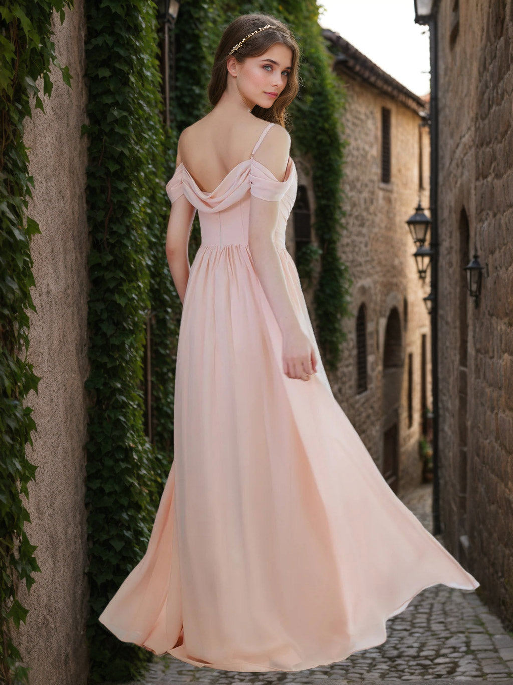 A-Line/Princess Spaghetti Straps Sleeveless Floor-Length Chiffon Bridesmaid Dresses with Ruffles