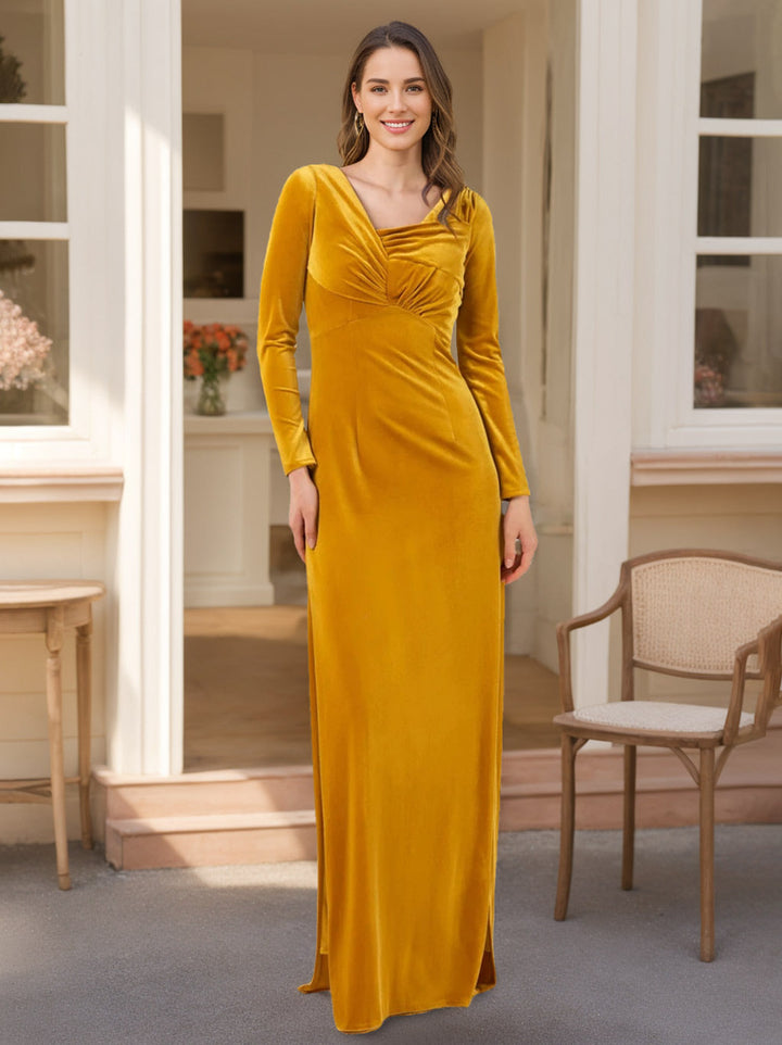 A-Line/Princess Long Sleeves Floor-Length Velvet Bridesmaid Dresses with Ruffles