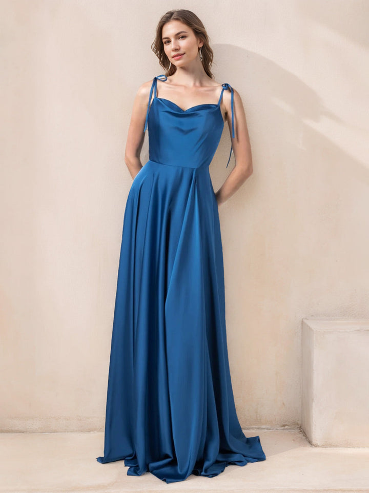 A Line/Princess Spaghetti Straps Sleeveless Floor-Length Stretch Satin Bridesmaid Dresses