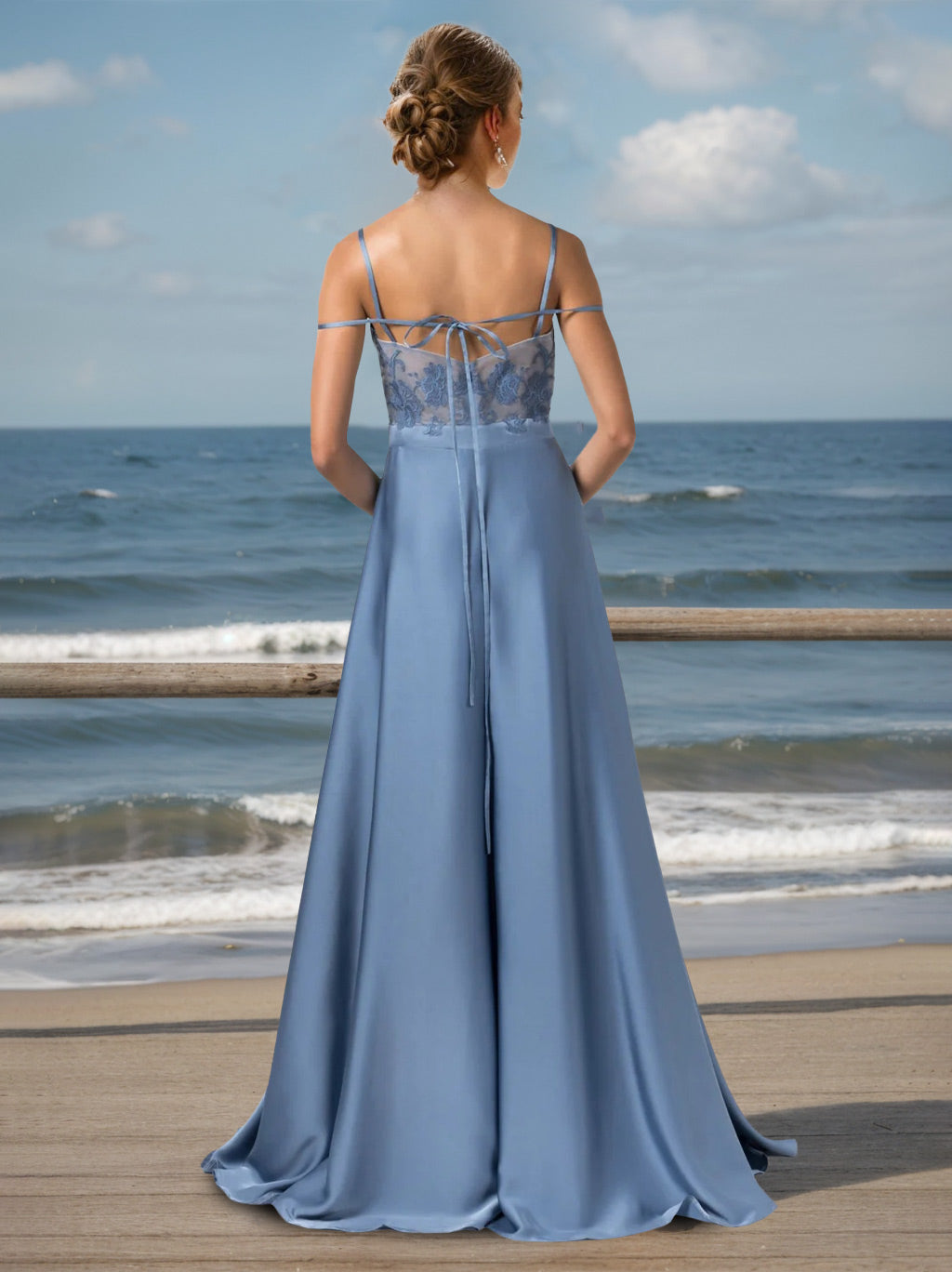 A Line/Princess Spaghetti Straps Sleeveless Floor-Length Unique Bridesmaid Dresses with Split Side, Lace & Appliques